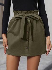 SHEIN Clasi Paperbag Waist Belted Skirt - Dark Green - View 3