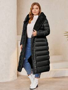 Astrid Plus Fuzzy Trim Hooded Padded Coat, For Winter - Black - View 4