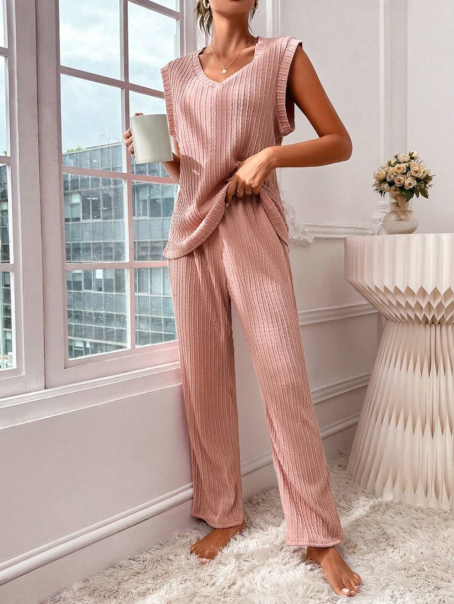 素色紋理質感針織休閒服套裝 - 藕粉色 - 查看 1