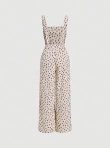 SHEIN MOD Ditsy Floral Print Wide Leg Overall Jumpsuit - Apricot - View 2
