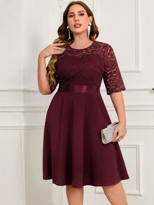 MIUSOL Plus Contrast Floral Lace Half Sleeve Prom Party Swing A-Line Dress, For Wedding Guest, Graduation, Dinner - Burgundy - View 4