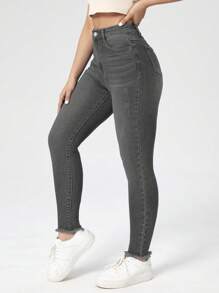 Vaqueros De Mezclilla Con Dobladillo Deshilachado De Color Liso - Gris Oscuro - Ver 5