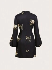 Sweetra Floral Print Tie Neck Lantern Sleeve Dress - Black - View 2