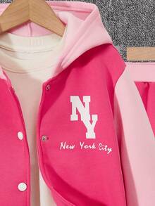 SHEIN Tween Girl Letter Graphic Two Tone Hooded Jacket & Sweatpants Without Tee - Hot Pink - View 4