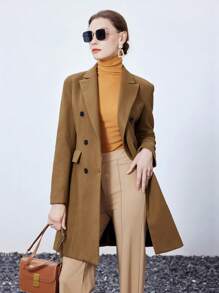 SHEIN BIZwear Lapel Neck Double Breasted Overcoat - Coffee Brown - View 1