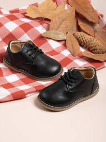Boys' Pu Leather Oxford Shoes, Round Toe, Lace-up Closure, Flat Sole