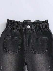 Baby Girl Paperbag Waist Ripped Roll Up Hem Jeans - Black - View 6
