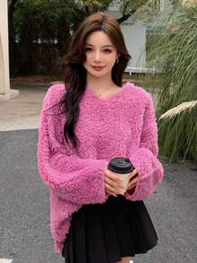 Dazy Star Chất rắn Thả vai Quá lớn Aó chui đầu Teddy - Hồng - Xem 5