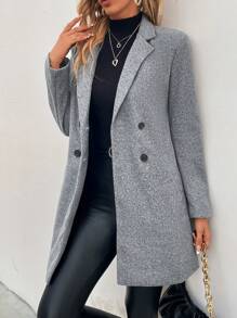 SHEIN Clasi 秋冬翻领双排扣大衣 - 灰色 - 查看 4