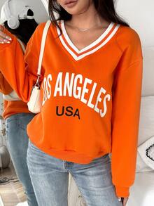 SHEIN Unity Letter Graphic Striped Trim Drop Shoulder Sweatshirt - Multicolor - View 3