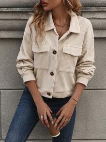 EMERY ROSE Drop Shoulder Flap Pocket Corduroy Jacket - Apricot - View 1