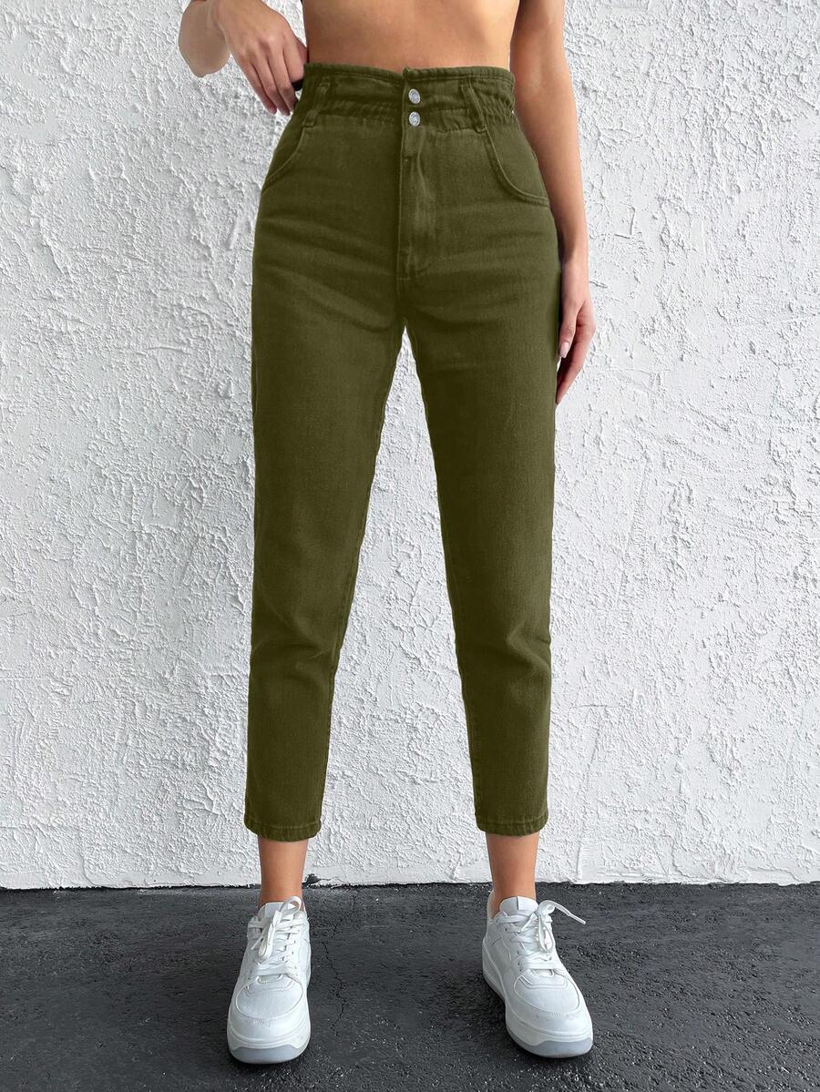 Cottnline High Waisted Tapered Jeans - Khaki - View 1