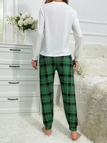 Cartoon Graphic Tee & Plaid Print Pants PJ Set - White - View 2