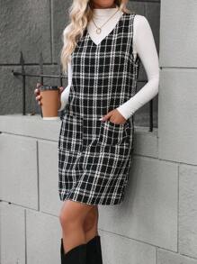 SHEIN Clasi Plaid Dual Pocket Overall Dress Without Sweater - Black - View 3