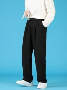 Men Drawstring Waist Straight Leg Pants - Black - View 4