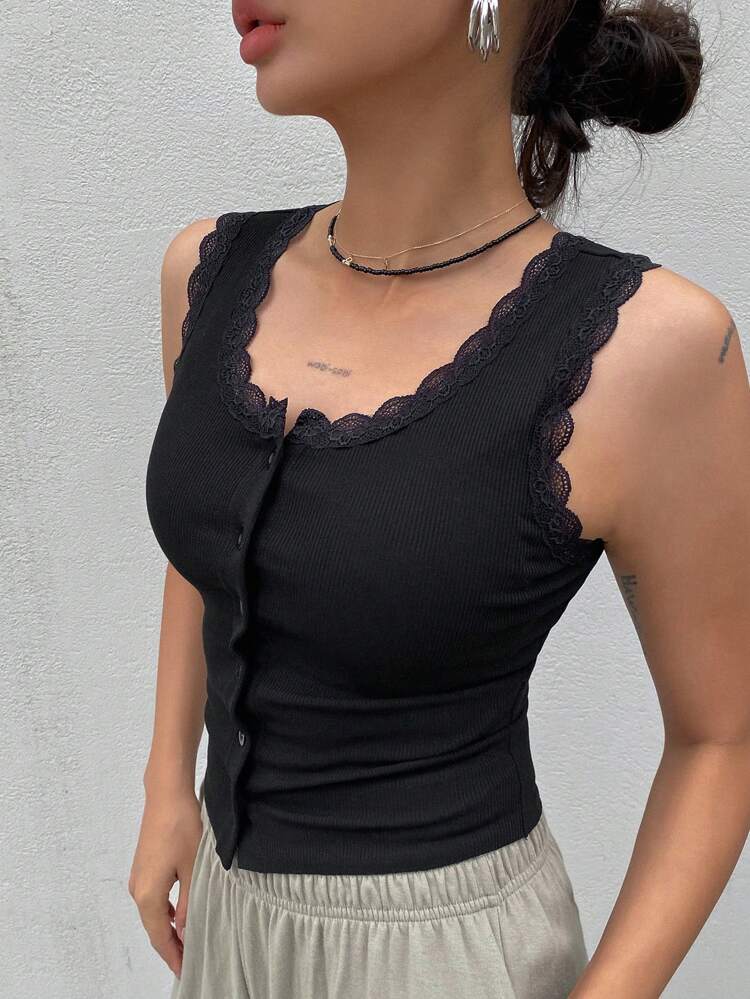 Lace Trim Button Front Tank Top Going Out Tops