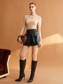 BizChic Cổ cao Đồ họa Chữ cái Áo thun - màu đen - Xem 3