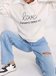 EURMUSE Slogan Embroidery Drop Shoulder Teddy Hoodie - White - View 5