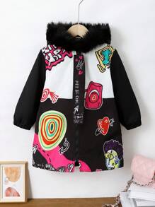 SHEIN Abrigo acolchado con capucha, ribete de borreguillo, gráfico de dibujos animados y letras para niña joven
