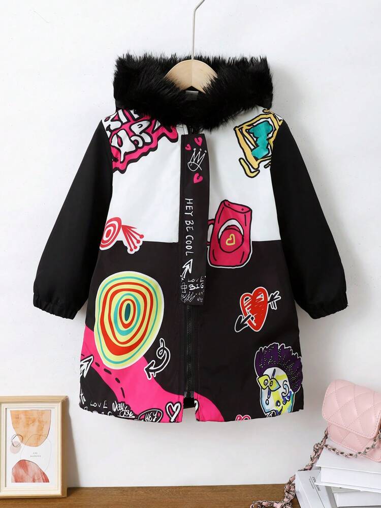 Young Girl Cartoon & Letter Graphic Fuzzy Trim Hooded Padded Coat
