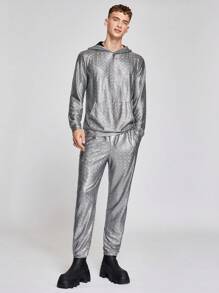 Manfinity RebelGame 男士金屬質感連帽衫和運動褲 - 銀色 - 查看 4