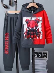 SHEIN Tween Boy Bear Print Two Tone Hoodie & Letter Graphic Sweatpants - Grey - View 1
