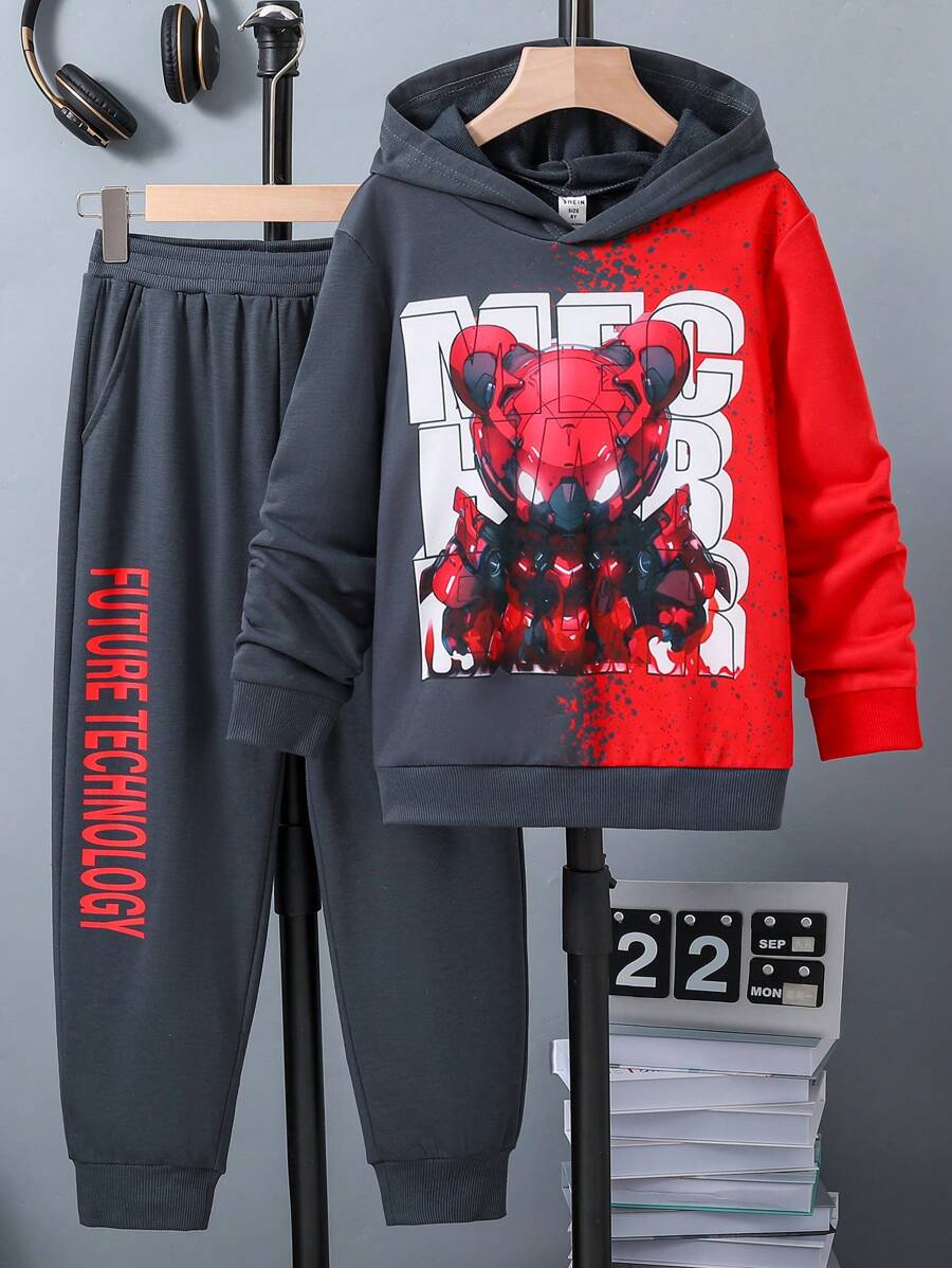 SHEIN Tween Boy Bear Print Two Tone Hoodie & Letter Graphic Sweatpants - Grey - View 1