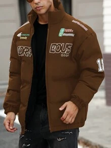 Manfinity LEGND Ultra-Loose Fit Men's Letter Printed Zipper Padded Coat - Coffee Brown - View 3