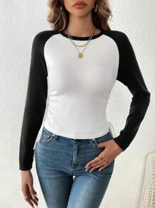 SHEIN LUNE Jersey de dos tonos de manga raglán con cordón lateral - Blanco y Negro - Ver 6