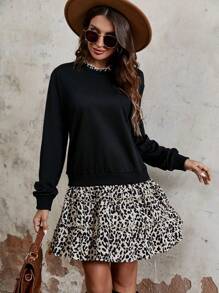 Chiquease 豹紋印花落肩袖假兩件洋裝 - 黑色 - 查看 5
