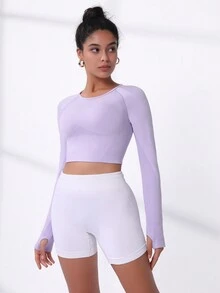 Easithlete Raglan Sleeve Sports Tee With Thumb Holes - Purple - View 3