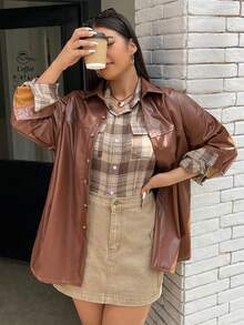 SHEIN EZwear Hơn Thả vai chất liệu da PU áo - Cà phê nâu - Xem 3