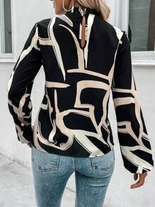 SHEIN LUNE Của phụ nữ Mẫu In Đứng cổ áo Áo sơ mi - Đen và trắng - Xem 2
