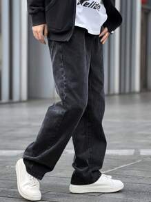 Claim Dot Loose Fit Men's Solid Color Jeans With Slant Pockets