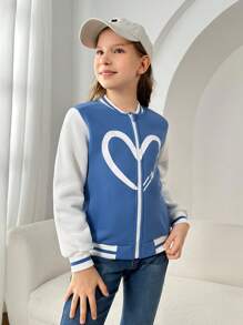 SHEIN Tween Girl Heart Print Two Tone Striped Trim Zipper Up Jacket - Multicolor - View 1