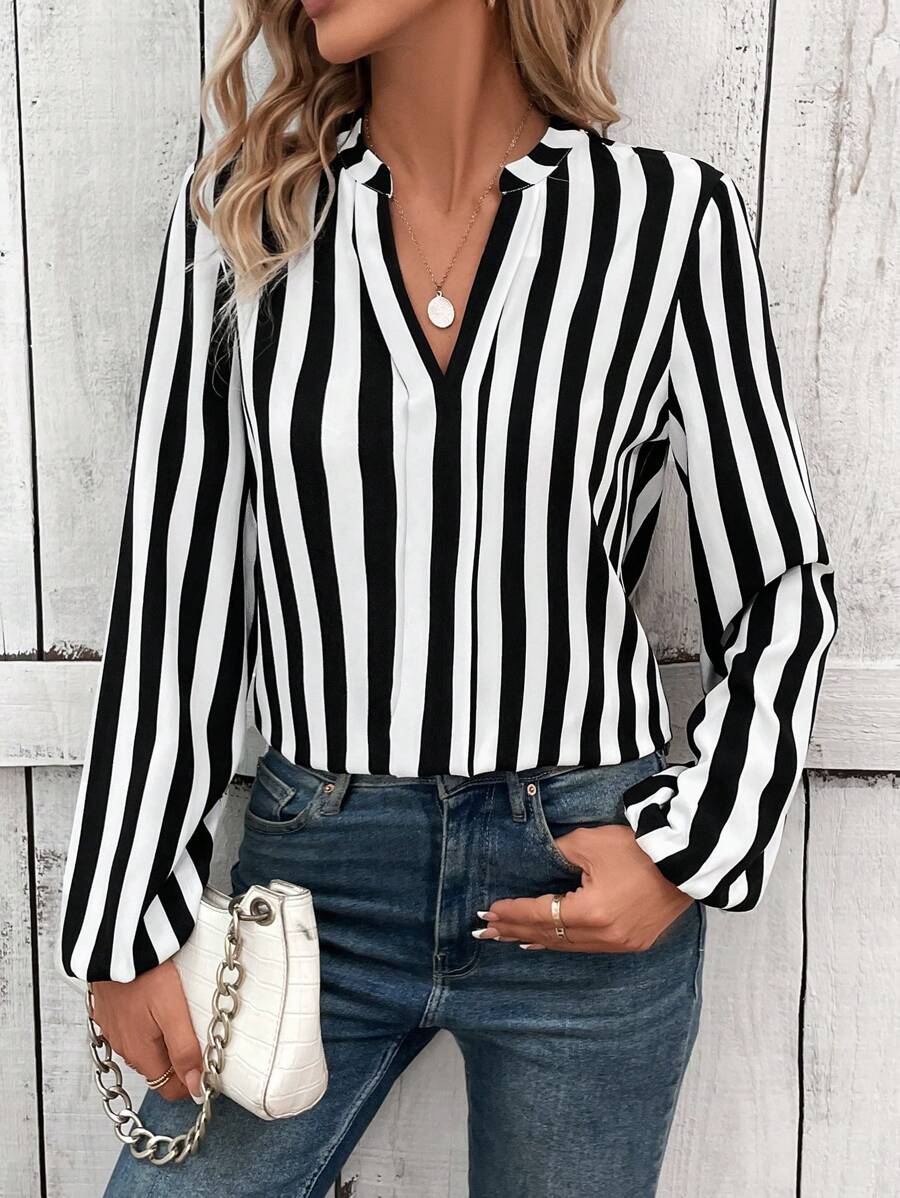 SHEIN LUNE Striped Print Notched Neckline Lantern Sleeve Blouse - Black and White - View 1
