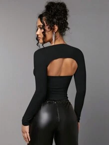 SHEIN BAE Solid Ruched Cut Out Detail Top - Black - View 2