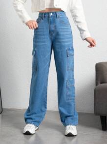 SHEIN Teenage Girls' Y2k Street Style Loose Fit Denim Cargo Pants With Multiple Pockets - Medium Wash - View 5