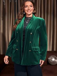 EMERY ROSE Plus Shawl Collar Velvet Blazer - Dark Green - View 1