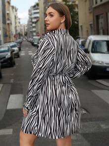 SHEIN Clasi Plus Zebra Striped Print Belted Shirt Dress - Black and White - View 2