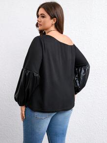 SHEIN LUNE Plus Asymmetrical Neck Lantern Sleeve Waffle Knit Top