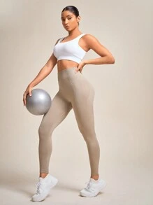 SHEIN Yoga Basic 素色寬腰帶運動打底褲 - 駝色 - 查看 4