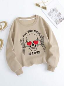 SHEIN EZwear Women's Letter & Skull Printed Sweatshirt - Apricot - View 1