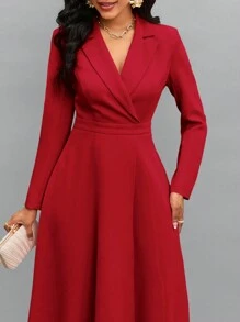 SHEIN Lady 女士纯色立领长袖优雅办公室通勤连衣裙，春/秋 - 紅色 - 查看 6