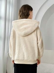 Tween Boy Letter & Bear Embroidery Drop Shoulder Hooded Flannel Jacket - Apricot - View 2