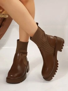 女士圆头踝靴，时尚针织弹力拼接短靴，英伦风格细靴 - 棕色 - 查看 5