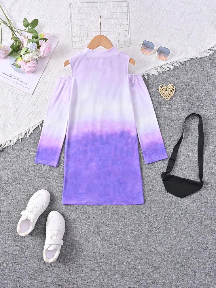 Tween Girls' Casual Sporty Streetwear Ombre Tie-Dye English Letter Print Stand Collar Cold Shoulder Long Sleeve Dress With Waist Bag