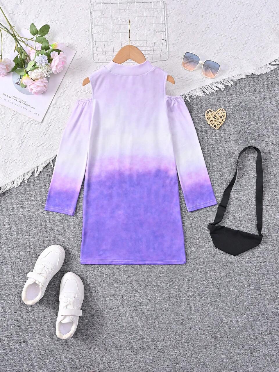 Tween Girls' Casual Sporty Streetwear Ombre Tie-Dye English Letter Print Stand Collar Cold Shoulder Long Sleeve Dress With Waist Bag