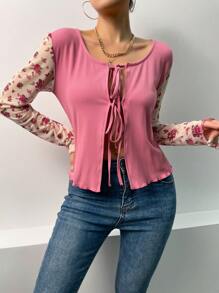 SHEIN LUNE 碎花前繫帶木耳邊上衣 - 粉色 - 查看 4