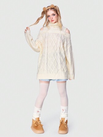 Kawaii Jersey cuello alto de hombros descubiertos tejido de cable